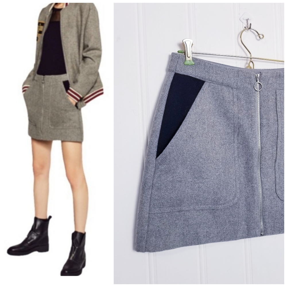 NWT Zara Trafaluc Skirt S Wool Blend Zip A-Line Mini O-Ring Pockets Gray & Black